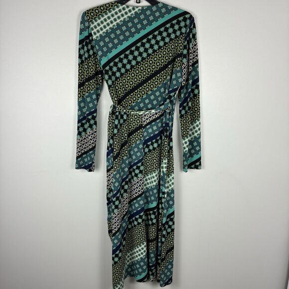 London Times Boho Midi Wrap Dress Sz 8 Long Sleeve Geo Print Hippie 70s Fall - Picture 4 of 7